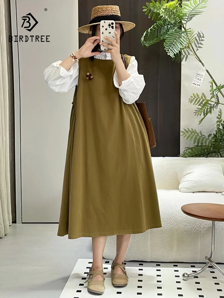 

Новые зимние хлопковые платья-жилеты 2025 года, женское однотонное платье с круглым вырезом и свободной талией, милое платье Mori Girl в консервативном стиле, INS D5N062CC