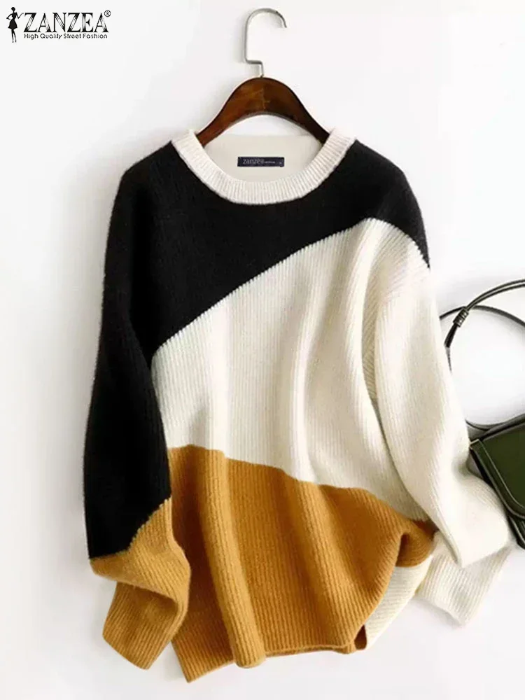 

ZANZEA Women Sweaters 2025 Autumn Casual Loose Pullovers Round Neck Fashion Long Sleeve Office Jumpers Colorblock Elegant Tops
