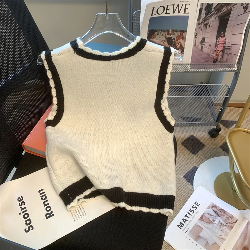 سترة نسائية عتيقة من MEXZT بلوفرات محبوكة مرقعة هاراجوكو صدرية خريفية كورية تريكو بدون أكمام