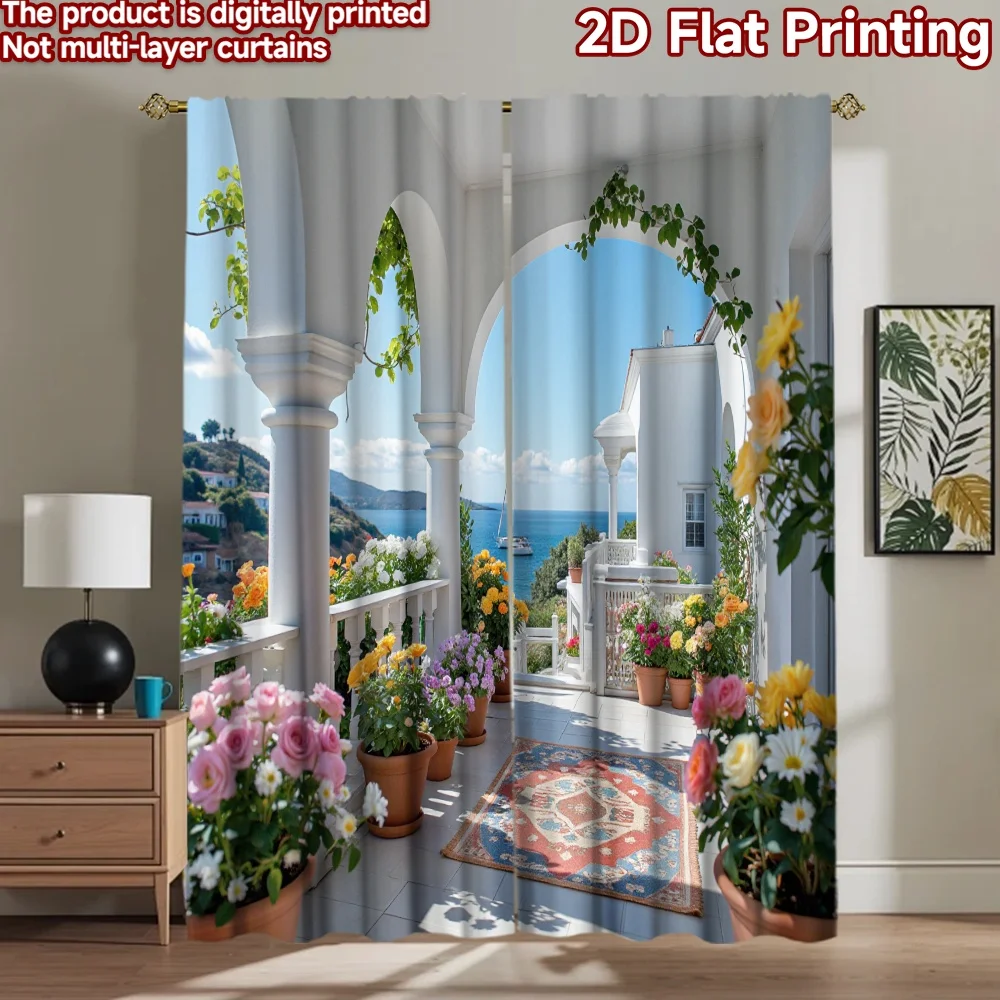 2D flat 2pcs Curtain French Romantic Style Seaside Floral Archway Digitally printed polyester, colorfast Festive Holiday for