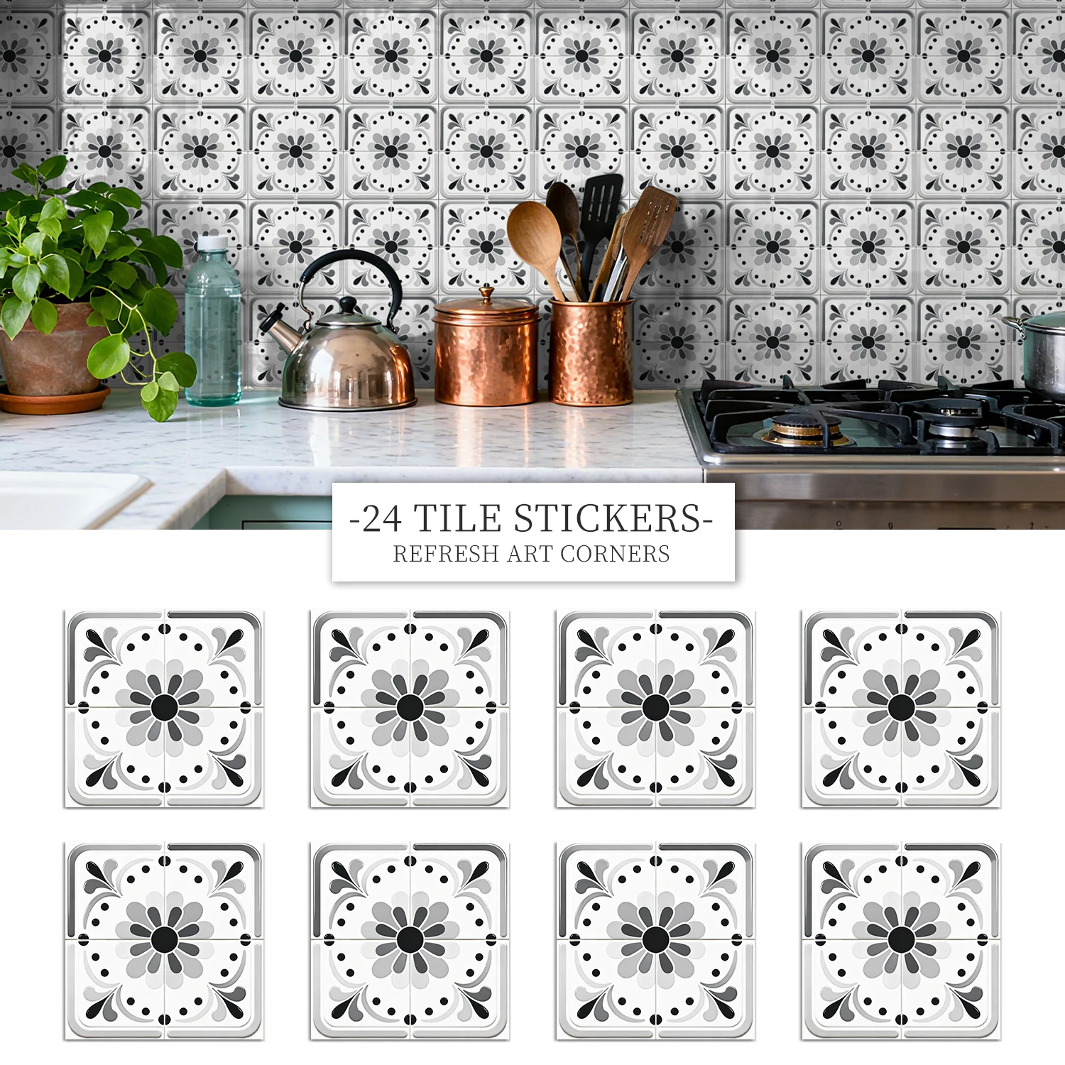 

36 pieces of minimalist floral tile stickers, self-adhesive wall stickers, waterproof kitchen, bathroom and home decoration