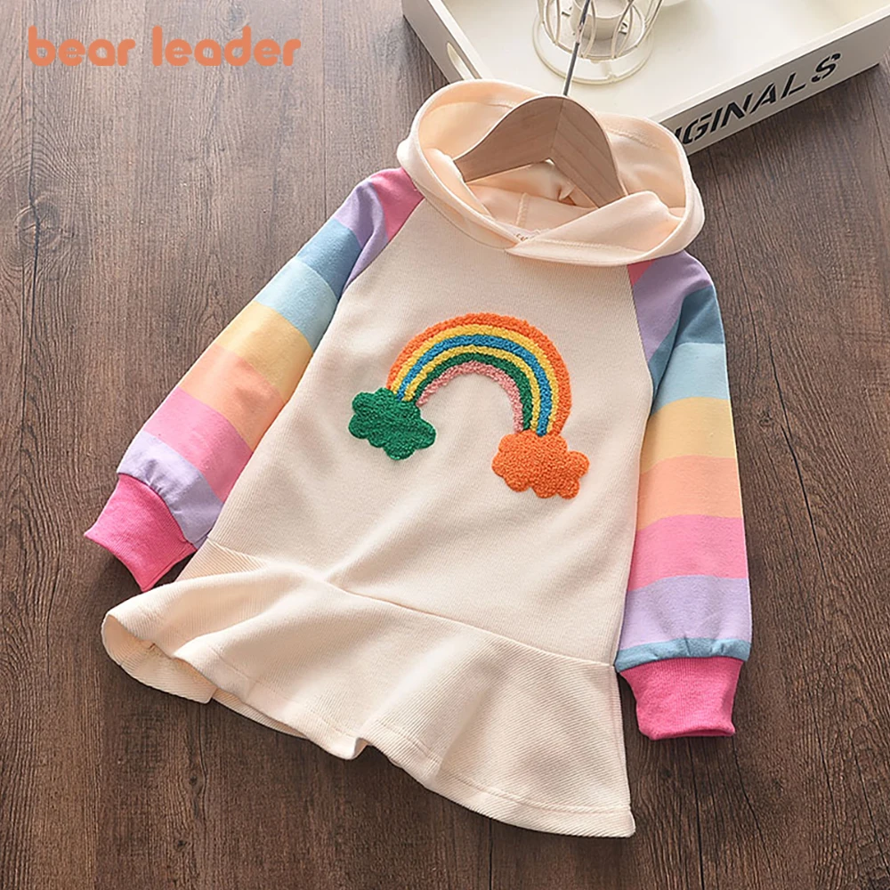 Bear Leader 2023 New Spring and Fall Girls' Dresses Casual Cotton Rainbow Decal Design Hooded Girls Clothing