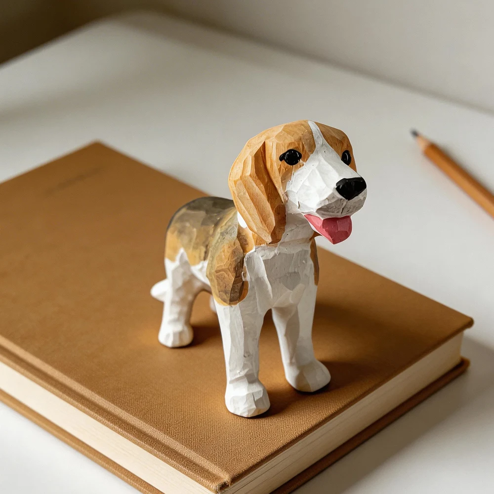 Hand Carved Wooden Beagle Figurine Cute Dog Statue Kawaii Pet Sculpture Home Desk Shelf Decor Ornament Gift for Dog Lovers