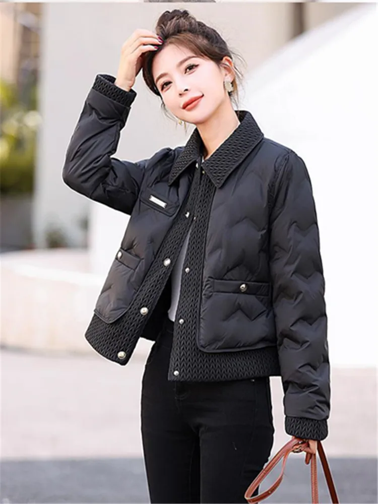 Turn Down Collar Women Splices Parkas Winter Coat Women Thicken Warm Cotton Padded Jackets Female Puffy Winter Jacket Outwears