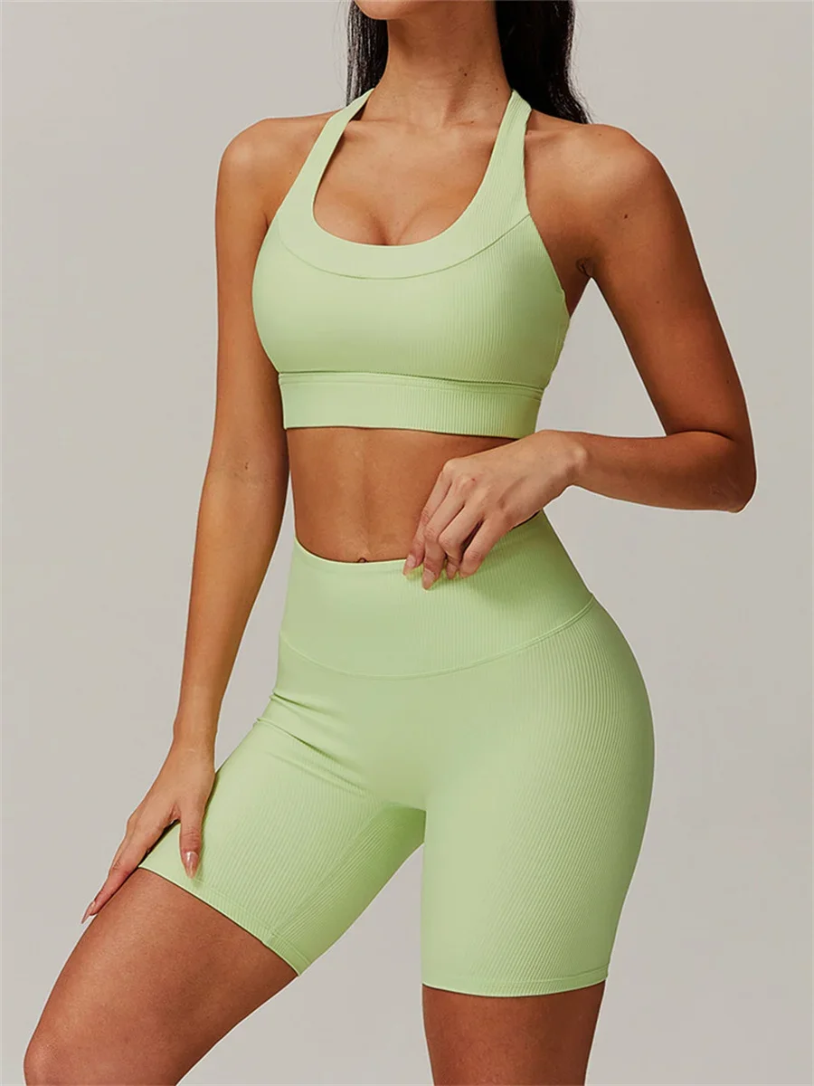 Yoga Set Women Thread High Waist Sport Bra Hollow Out Crop Top Shorts Fitness Quick Drying Tight Fitting Exercise Suit 2025 New