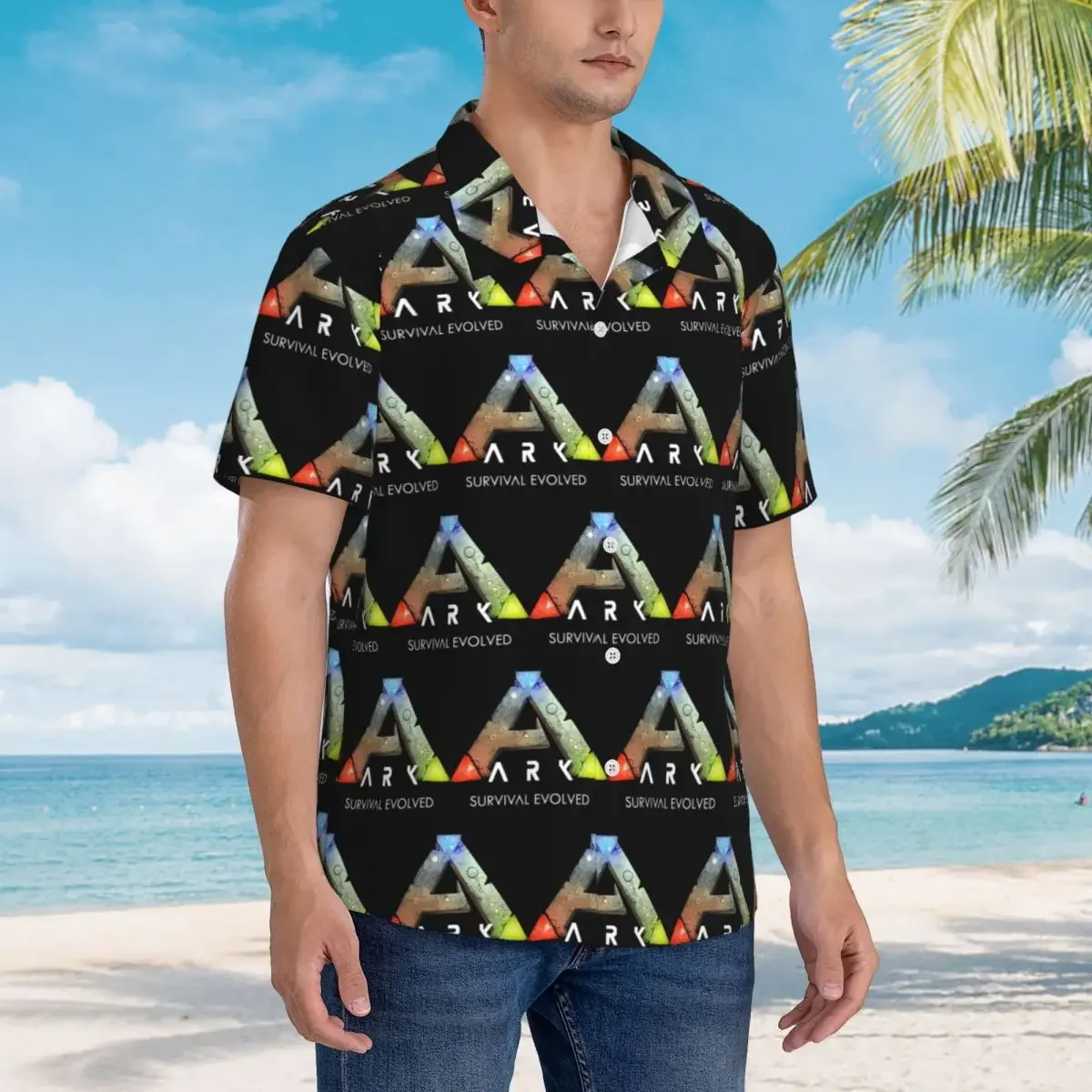 Ark Survival Evolved Chemises hawaïennes noires décontractées pour hommes, chemise à manches courtes pour l'été, hauts à revers pour hommes