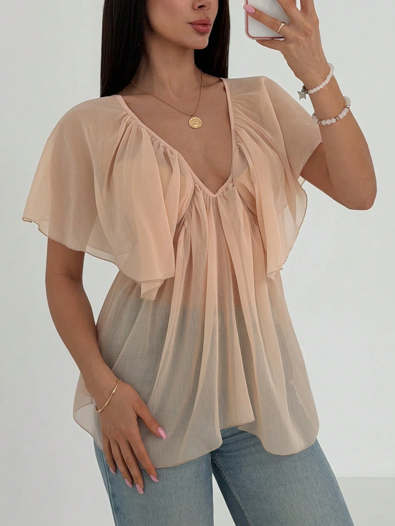 

Women Deep V-Neck Ruffle Trim Chiffon Blouse
