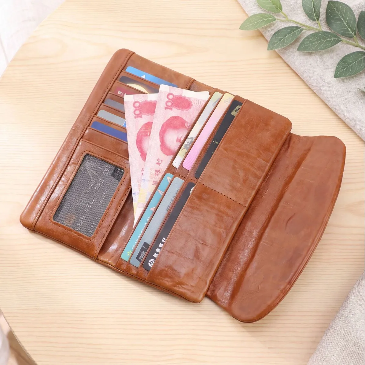 Men's Genuine Leather Wrinkle Trifold Clutch Purse Unisex Multi‑Card Holder Coin Storage Bag Retro Cowhide Long Wallet for Men