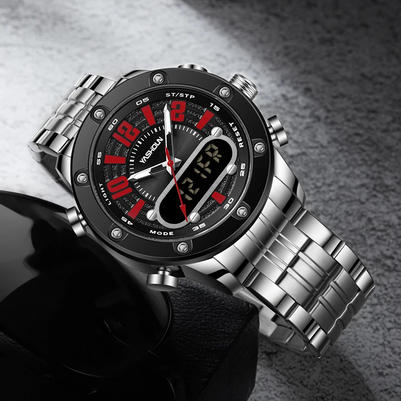 

YASHIDUN модные новые мужские часы кварцевые ЖК-цифровые наручные часы мужской ремешок из нержавеющей стали водостойкие часы с датой посылка подарки