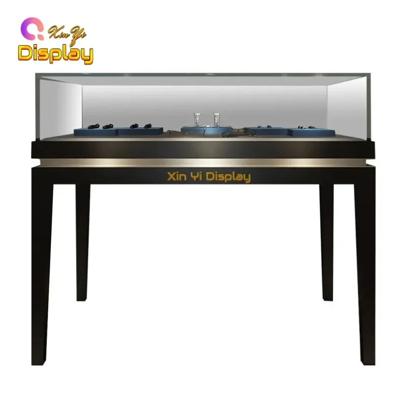 custom.Custom High-End Stainless Steel Jewelry Showcase Furniture LED Light Glass Jewelry Display Cabinets Metal Showroom