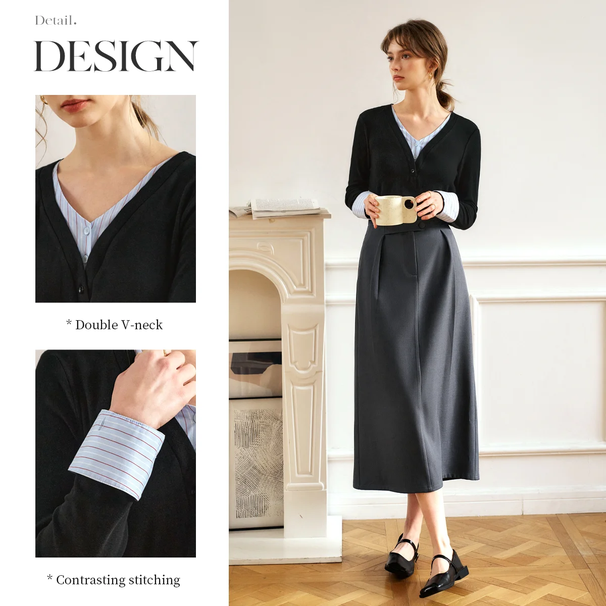 OLrain 2025 Spring New Contrasting Color Splicing Fake Two-piece V-neck Design Long-sleeved T-shirt Casual Simple Top M57CT96086