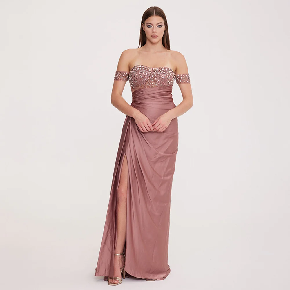 

Sexy Evening Dress Satin Off the Shoulder Mermaid Crystal Gowns for Women Pink Side Slit Trumpet Formal Party Dresses