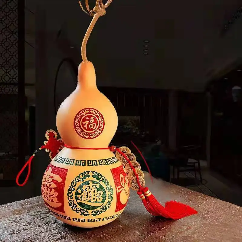 Real Gourd Hanging Ornaments Faucet Carving Pattern Red China Knot with Copper Five Emperors Money Opening Eight Diagrams Gourd