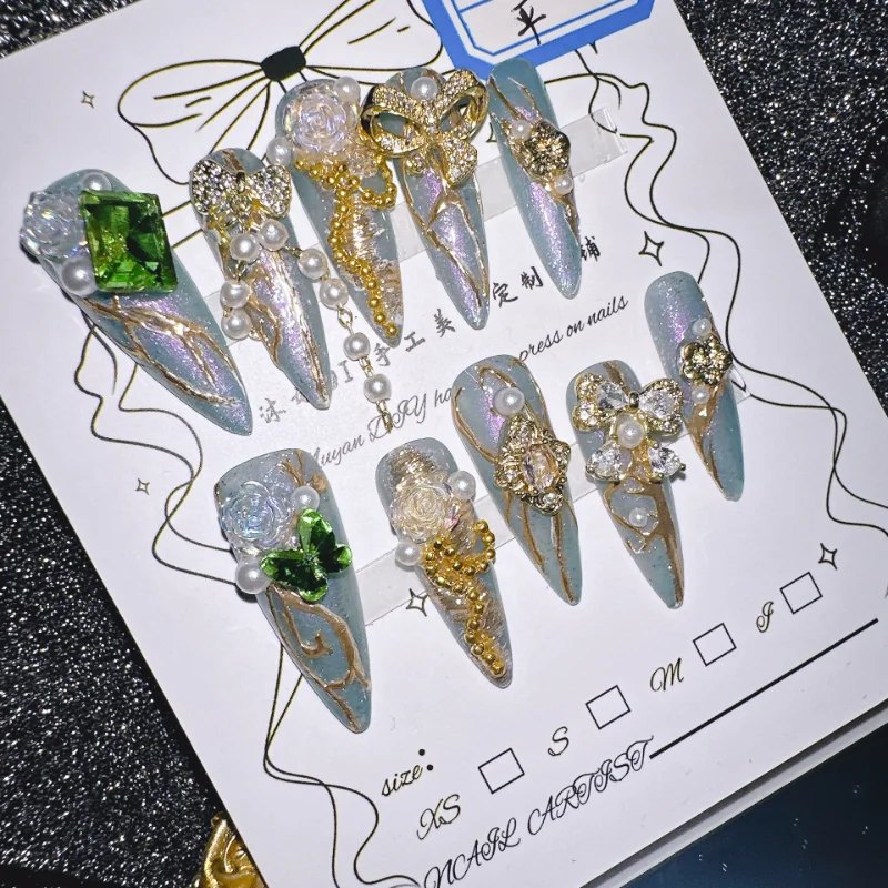 Butterfly Dream Press on Nails Iridescent Blue with Pearl Gemstone Elegant Fake Nails for Wedding Party Comfortable Fit