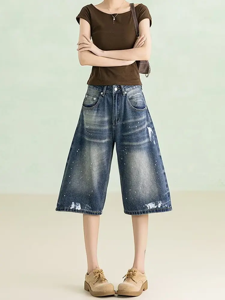 American Retro Splashed Ink Seven-Foot Jeans Women Summer plus Size High Street Slim Loose Wide Leg 7-Foot Medium Pants