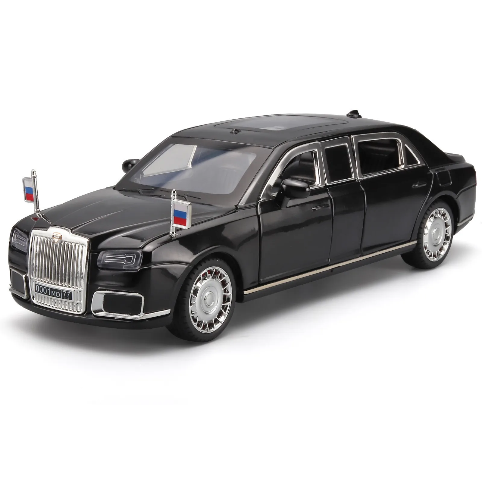Modèle de voiture de luxe en alliage Aurus Senat 1:24, modèle de voiture en métal moulé sous pression, véhicule pare-balles, simulation de son et de lumière, jouet pour enfants, cadeau