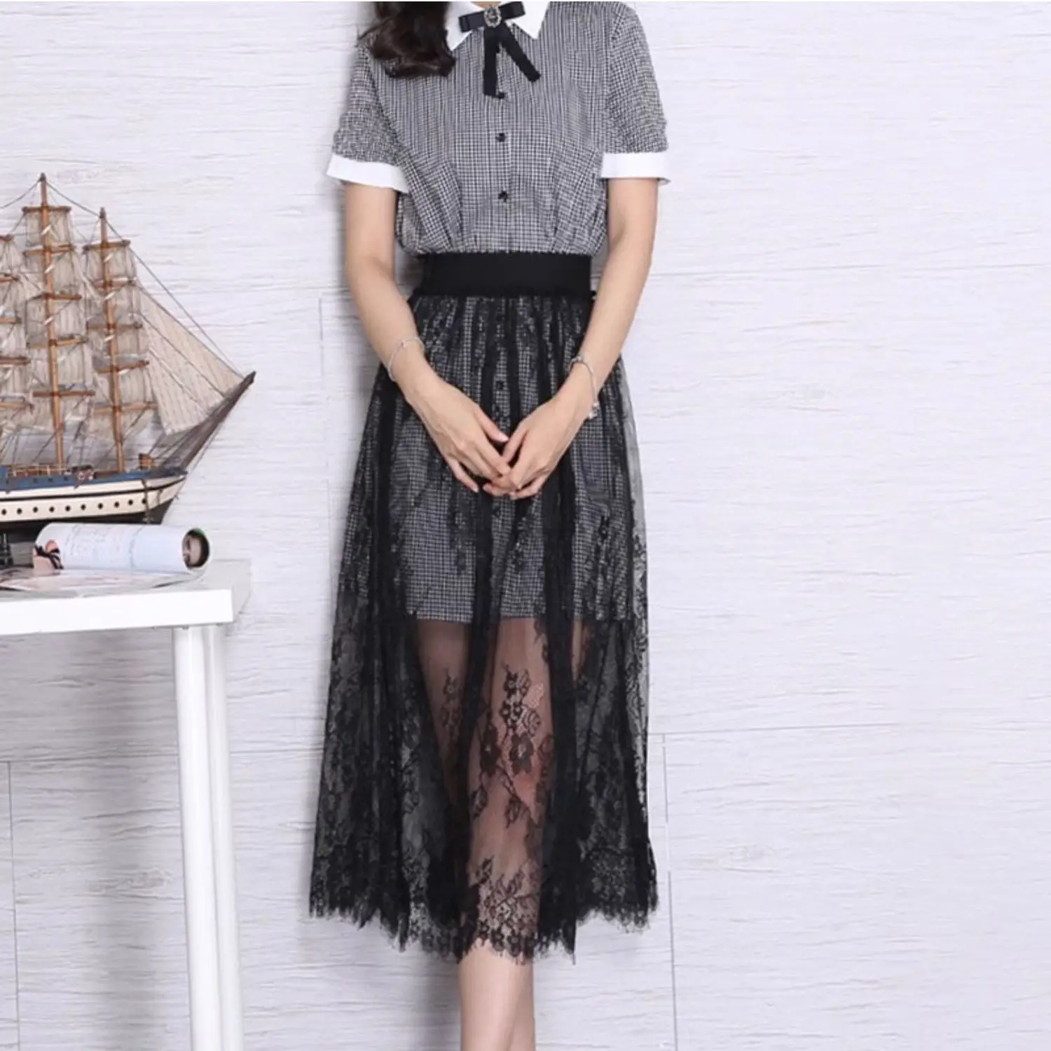 2024 Neuer Spitzenrock Midi f Body Net Gaze Große Größe Keine Innenbekleidung Chinesischer Sle A-Linie Streifenmusterrock