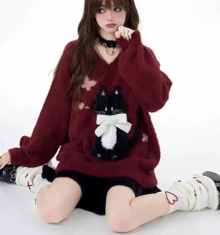 เสื้อสเวตเตอร์สไตล์ญี่ปุ่นน่ารักสำหรับผู้หญิง คอกลม ลายการ์ตูนแมว แขนยาว สไตล์ลำลอง สำหรับสาวๆ เสื้อพูลโอเวอร์ ฤดูใบไม้ผลิ ฤดูใบไม้ร่วง