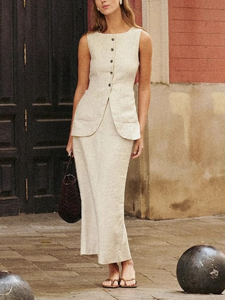 

Women 2 Piece Linen Set Sleeveless Button Down Vest and High Waist Long Skirt Outfit, Summer Elegant Office Casual Matching Set