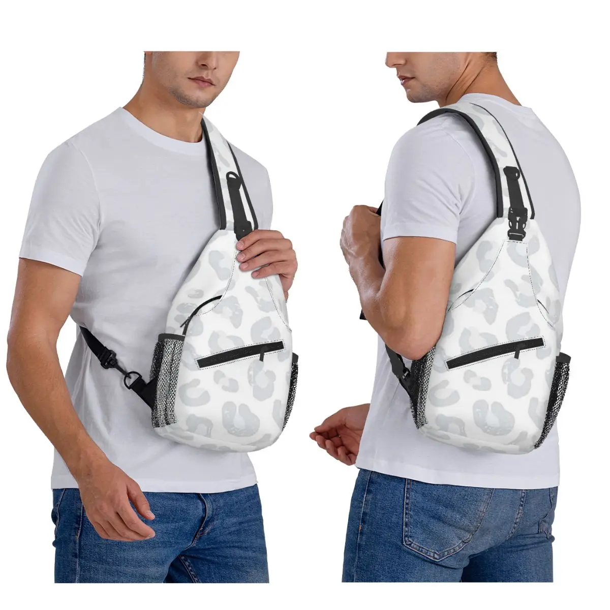 Leopard Print - Silver Gray And White Chest Bag Men Sling Crossbody Backpack Chest Bag Travel Hiking Daypack Shoulder Bag