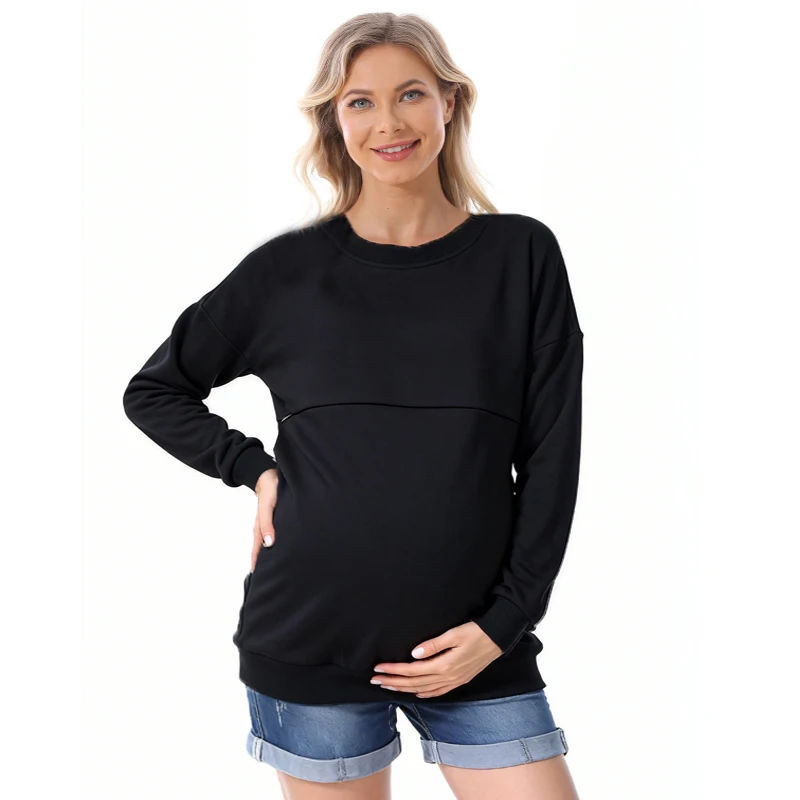 Warm Fleece Lined Nursing Maternity Sweatshirt round Neck Lift Front Feeding Layer Long Sleeve Winter Top for Pregnant Women