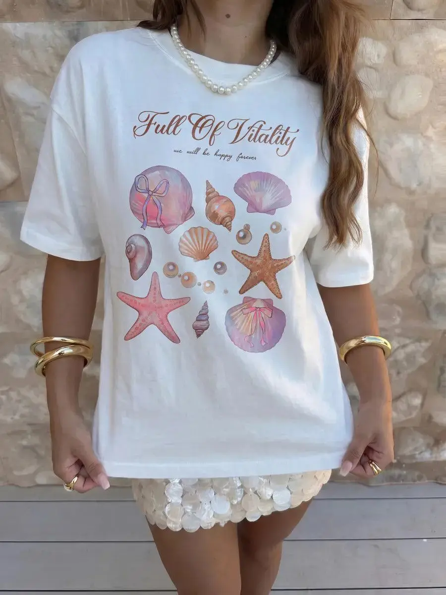 American Vintage Fun Seafood Letter Print T Shirts Women Fashion Short Sleeve Tees Korean Streetwear T-shirts Kawaii Y2K Clothes