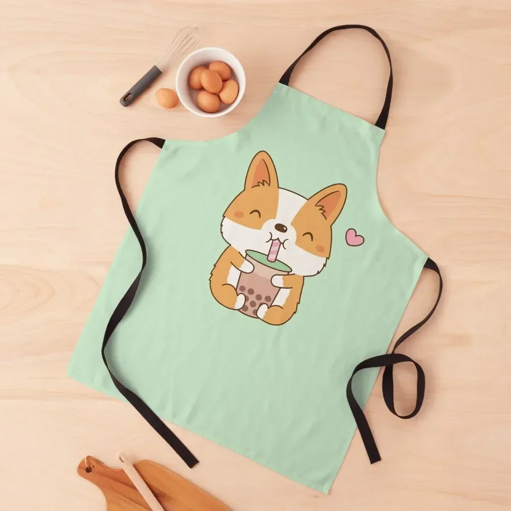 

Cute Corgi Loves Bubble Tea Apron barber uniform Customizable Woman Household Items Useful Teacher Apron