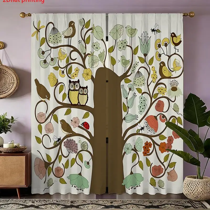 Charming Woodland Animal Tree Print Curtain Botanical Leaf Bird Curtains Window Panel Decor Home Accent