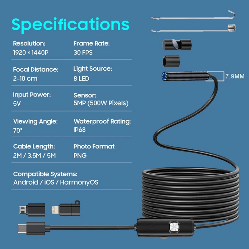 1920P HD Endoskopkamera für iPhone Huawei iOS Android Type-C Micro USB Boreskop Inspektionskamera mit Licht für Auto und Kanalisation – Detail 9