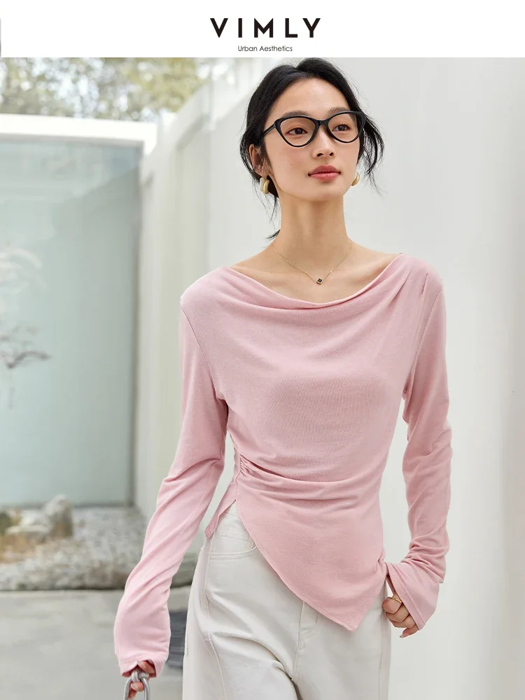 VIMLY Women's Spicy U-Neck Long Sleeve Slim Base Shirt 2025 Spring Commuter Shoulder Irregular Short Style T-Shirt Simple Top