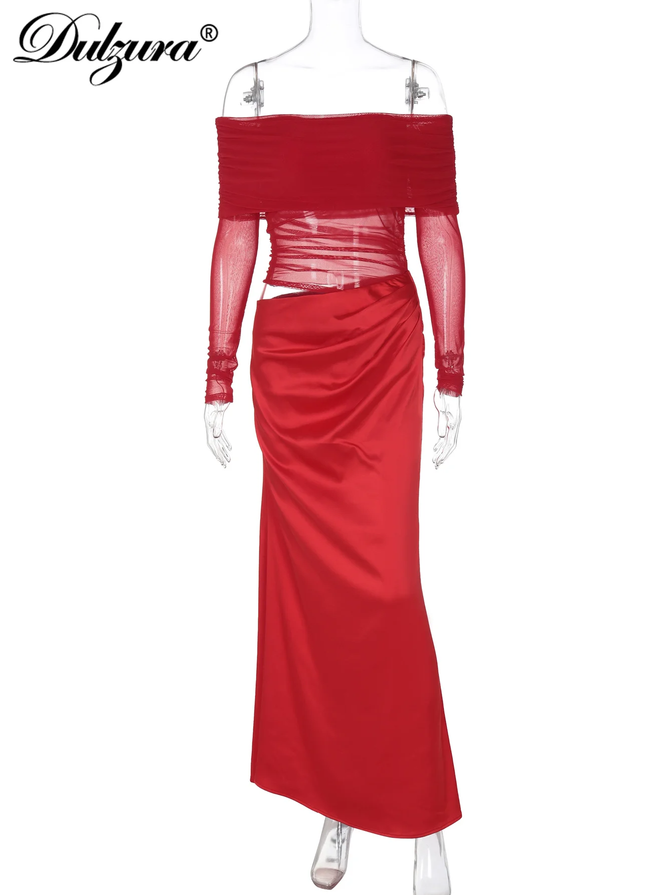 Dulzura Off Shoulder Long Sleeves Ruched Side Slit Sheer Mesh Patchwork Maxi Dress Solid Sexy Elegant Long Dress Party Clubwear