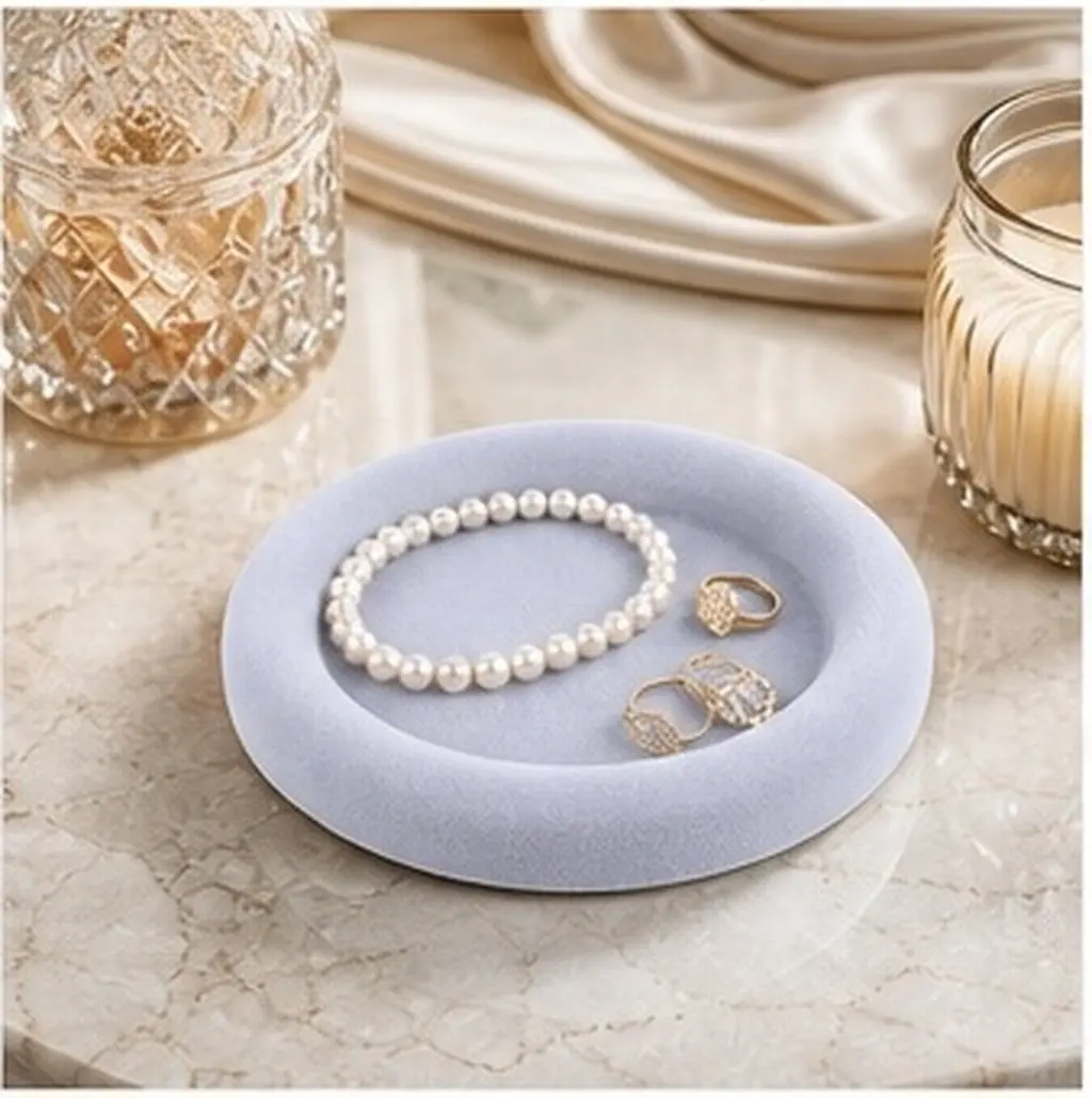 Jewelry Display Tray 4.7 Grey Microfiber Soft Surface Necklace Bracelet Ring Dish for Retail Countertop Keepsake Presentation
