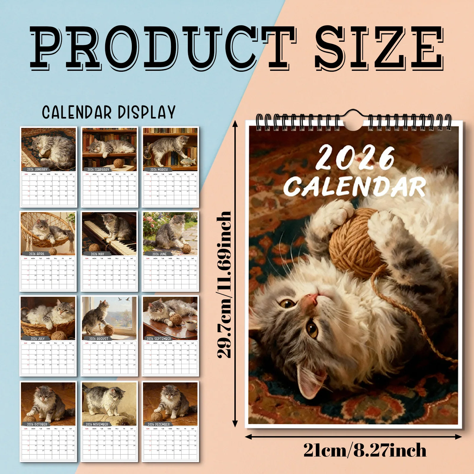 ปฏิทินแบบเกลียว 1 ชิ้น ปี 2026 ลายแมวเล่นกับลูกบอลไหมพรม เหมาะสำหรับวางบนโต๊ะในห้องนอนที่บ้าน ของขวัญที่อบอุ่นใจ เหมาะสำหรับมอบเป็นของขวัญในวันหยุด