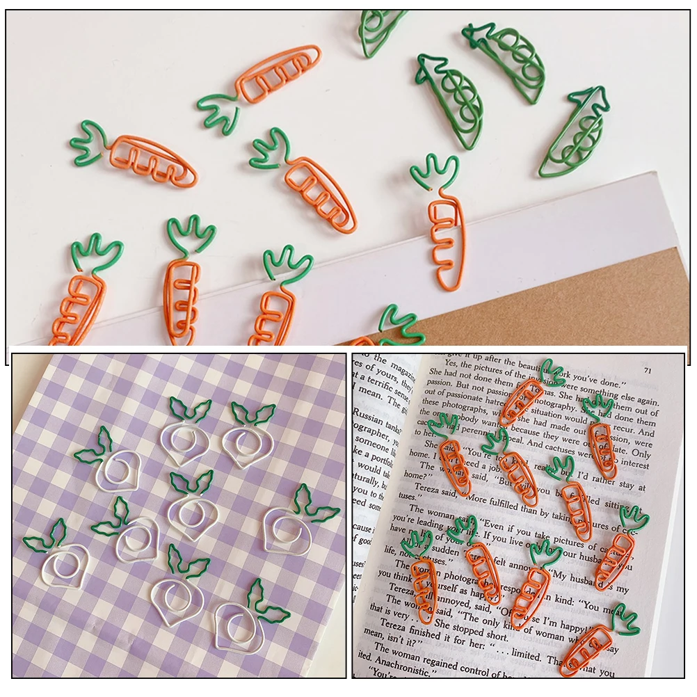 

9 Pcs Cartoon Paper Clips Carrot Radish Pea Shaped Office School Stationery Metal Document Clips Decorative Creative Small