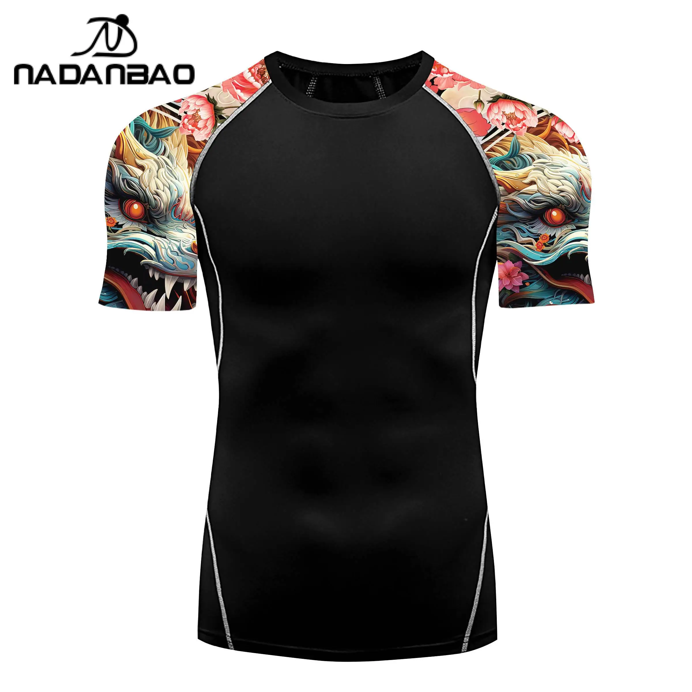 Nadanbao Men Fitness Swimsuits T-Shirt Gym 3D Printing Black Fashion Tops Summer Beach Swimwear Short Sleeve Surfing Wetsuit