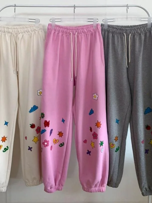 Nuovi Pantaloni Sportivi Casual Primaverili con Stampa Artigianale, Vita Alta e Gamba Dritta, Moda Donna