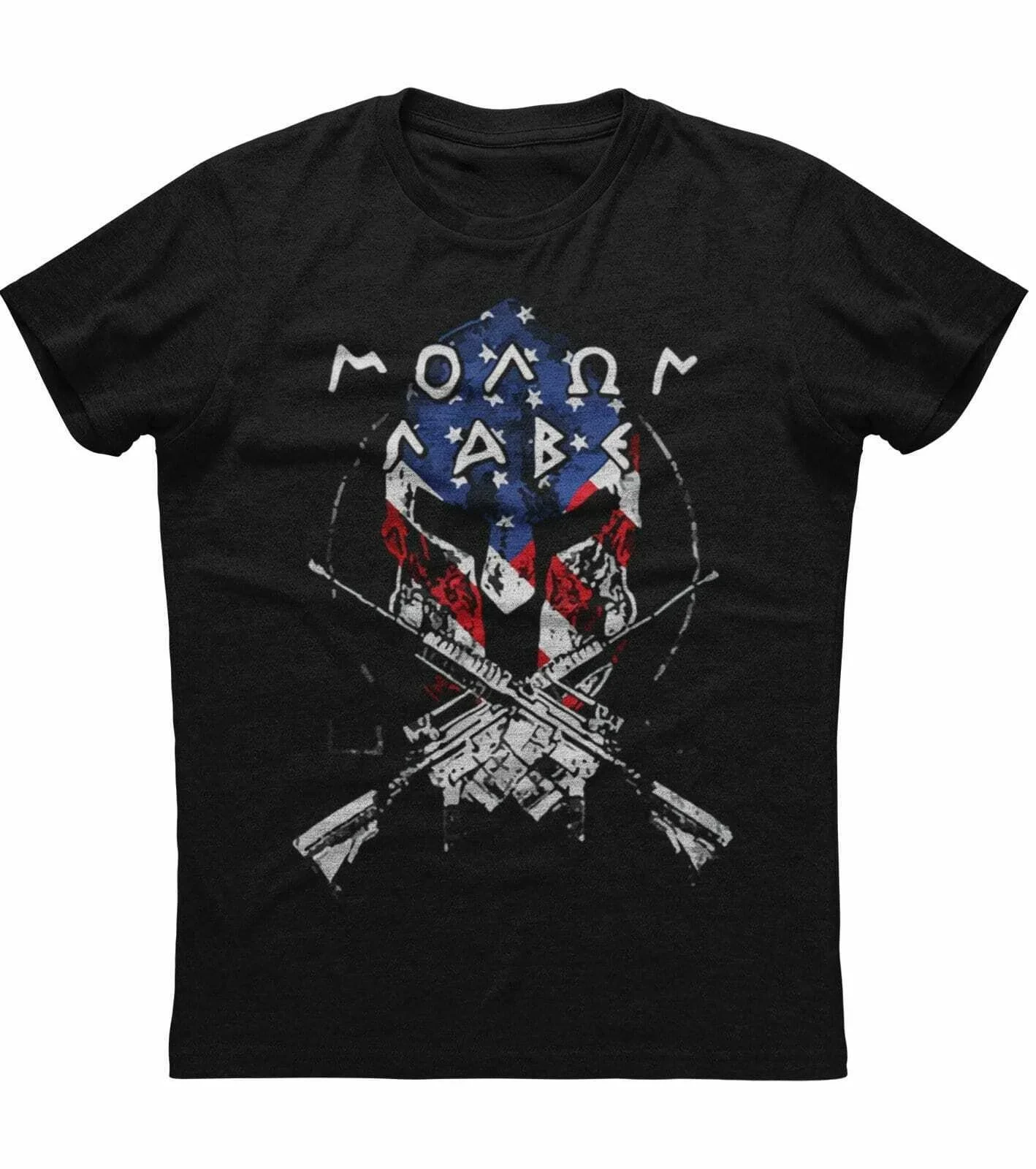 

American Flag Spartan Helmet Crossed Rifle Molon Labe T-Shirt 100% Cotton O-Neck Summer Short Sleeve Casual Mens T-shirt