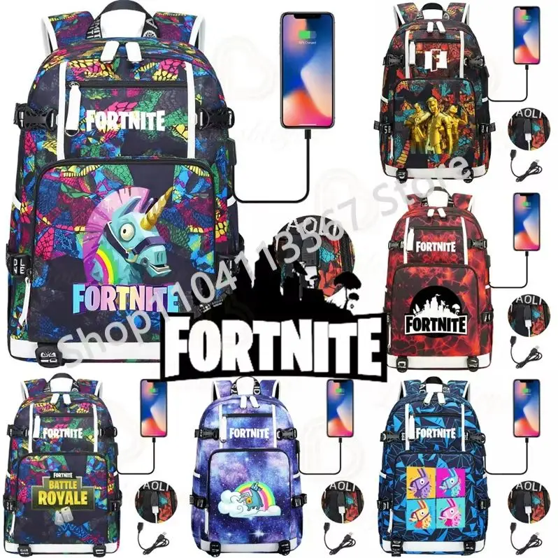 Llama Knight F-Fortnited Battle Royale Rucksack mit USB-Aufladung, Anime-Figuren, Lernfach für Schreibwaren, Studenten-Mochila