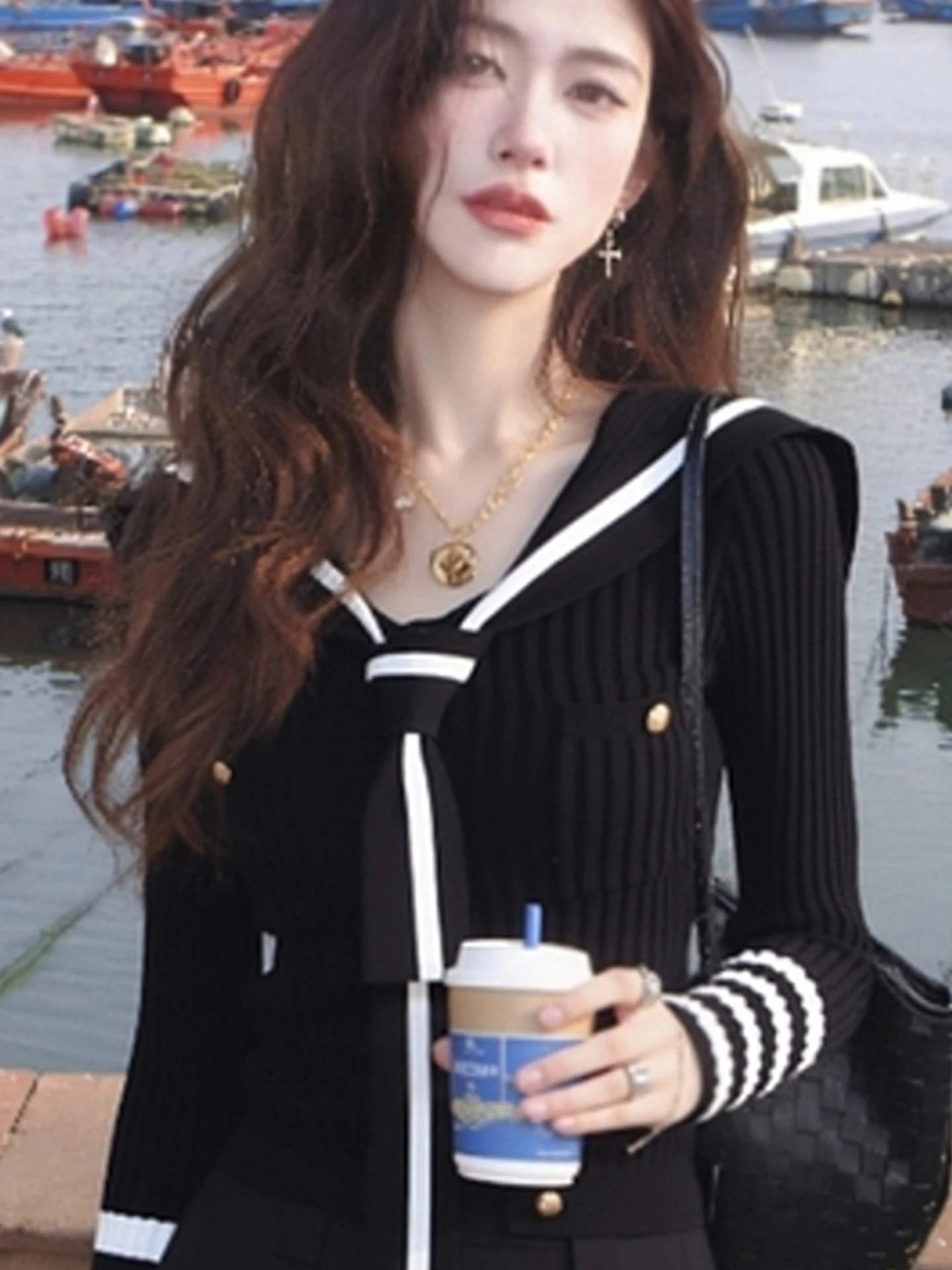 Einzigartiger koreanischer SLE Navy Kragen Farbe Blo Long Sve Strickpullover Ort Fit Damen Top Herbst Winter Anti-Aging Vielseitig