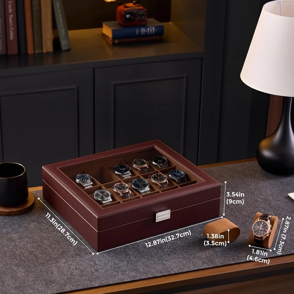 18 Slot Watch Case for Men, PU Leather Display Box with Glass Lid, Organizer for Up to 50mm Watches, Gift for Dad Husband