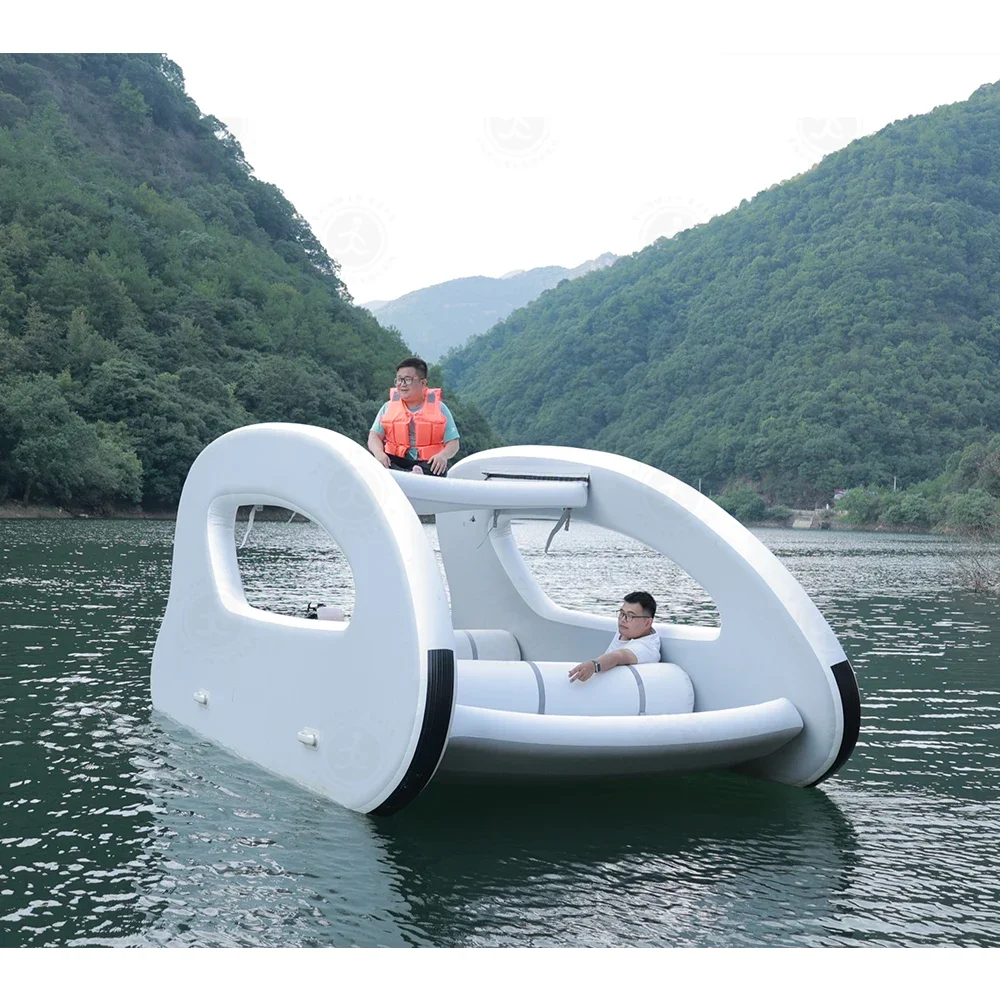 Electric Ride-On Inflatable Catamaran Boat with Floating Island Tent Water Play Equipment for Boating