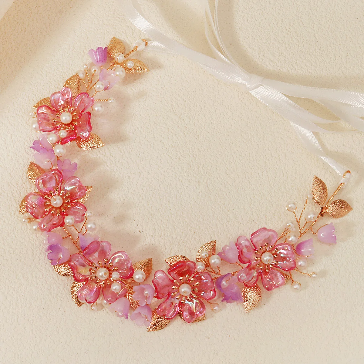 

Fairy Floral Pearl Headband - Pink/Purple Acrylic Flower Crown, Boho Bridal Wedding Headdress, Forest Fairy Pearl Hairband