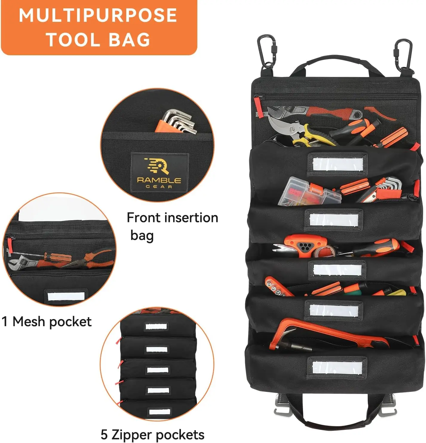 Roll up tool bag organizer with Carabiners - 5 Large Oversized Pockets with Labels - Canvas foldable tool Bag