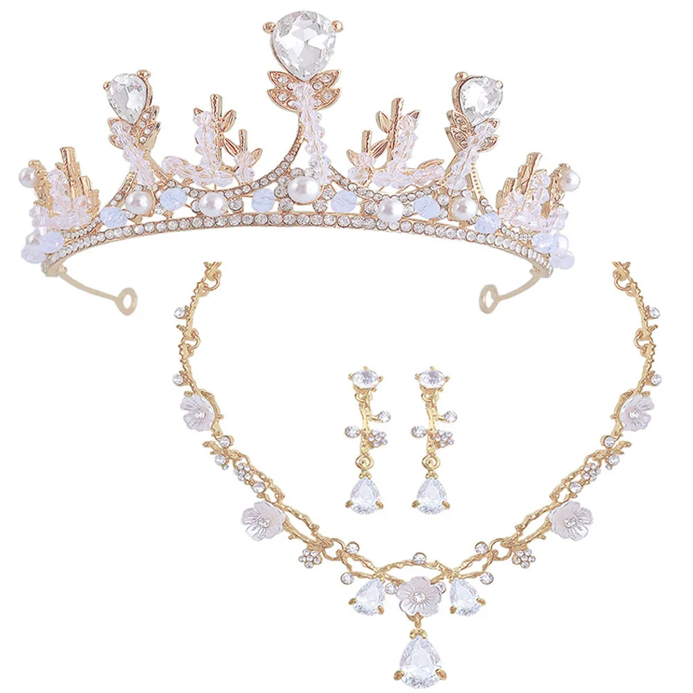 

1Set Rhinestone Crown Headband Necklace Ear Clips Earrings for Birthday Decorative Gift Kit Necklace