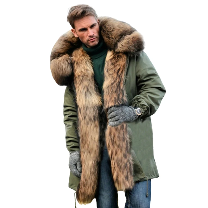 

Fashion Men's Imitation Fur Hooded Long Coat Thicken Warm Outdoor Jacket Faux Fur Collar High Quality Winter Casual Clothes