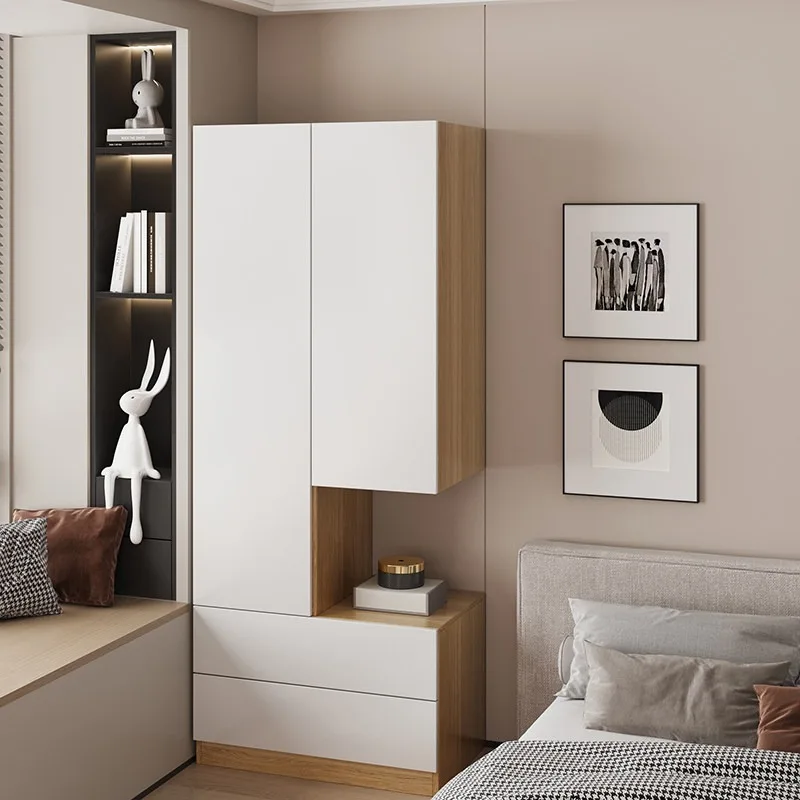 Solid wood wardrobe with bedside table integrated bedroom single small extremely narrow household storage bedside cabinet wall l