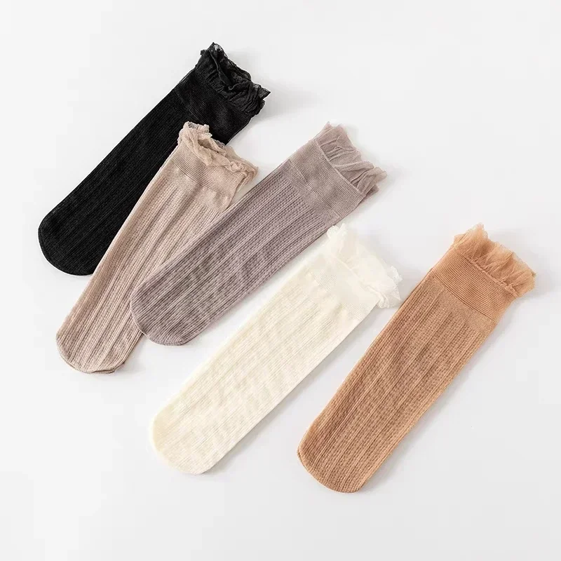 5Pairs/lot Velvet Frilly Ruffle Socks Women Ultra-thin Transparent Lace Socks Retro Summer Harajuku Long Stocking Hollow Out Sox