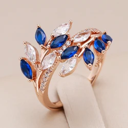 Kinel Luxury Full Paved Blue Purple Green Natural Zircon Open Rings for Women 585 Rose Gold Color Hollow Flower Vintage Jewelry