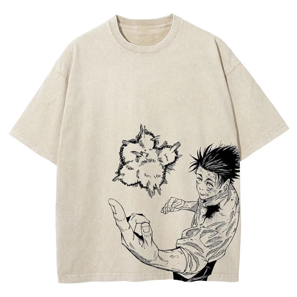 Fashion Vintage Japanese Anime Graphic Print Oversize T-Shirt Men Washed Tshirt Summer Hip Hop Streetwear Harajuku Cotton Tees