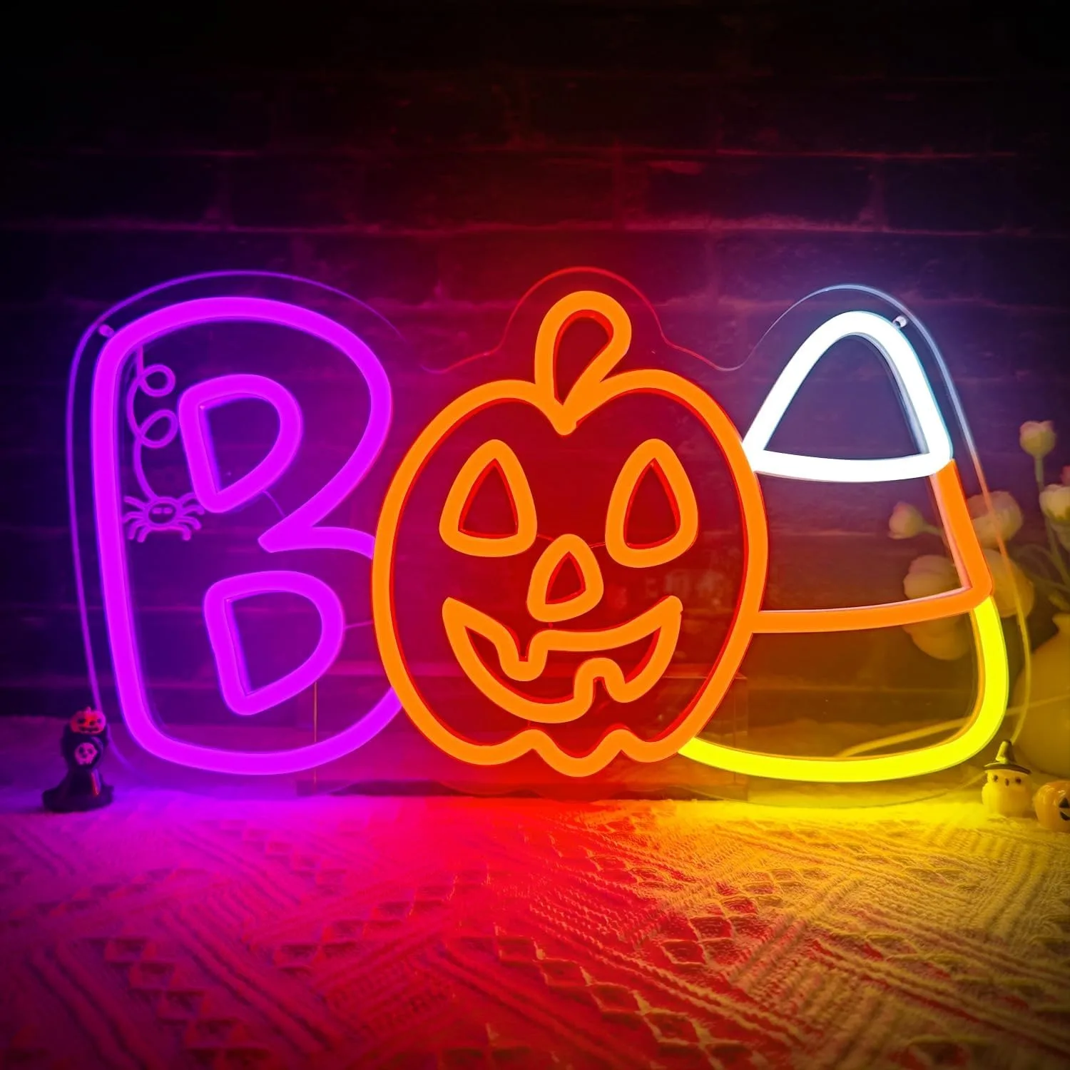 Halloween Spooky Neon Light BOO Letter Pumpkin Candy Corn LED Wall Sign Dimmable Indoor Party Window Decoration